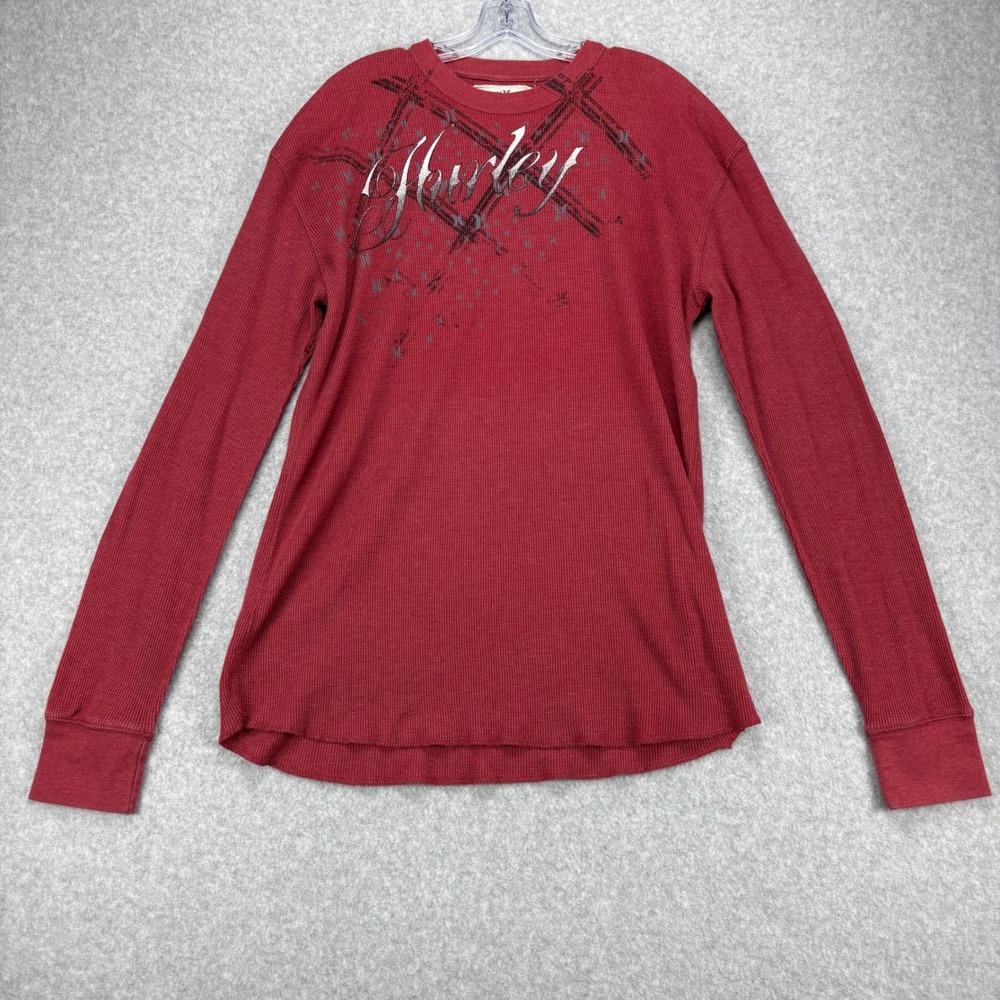 Hurley Thermal Shirt Mens XL Red Waffle Knit Graphic Long Sleeve Skate Street